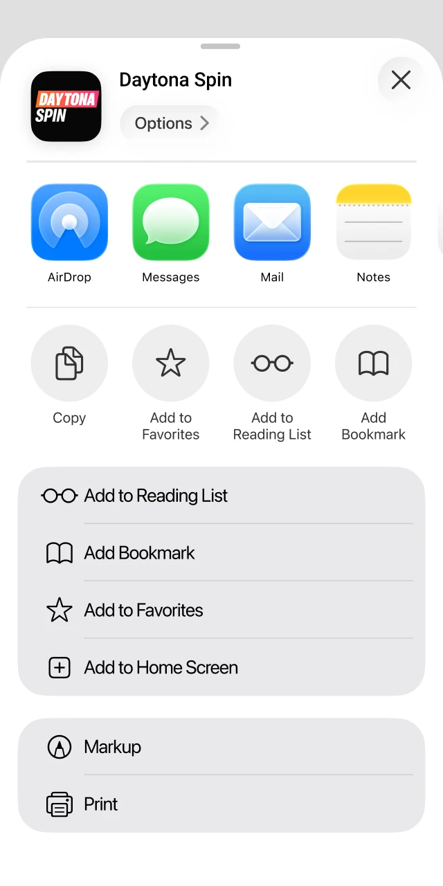 Add the shortcut to your home screen for Daytona Spin App access.