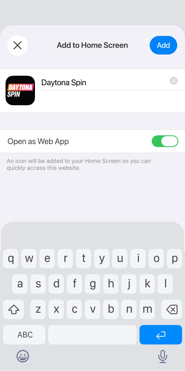 Confirm the name and tap add to install the Daytona Spin App.