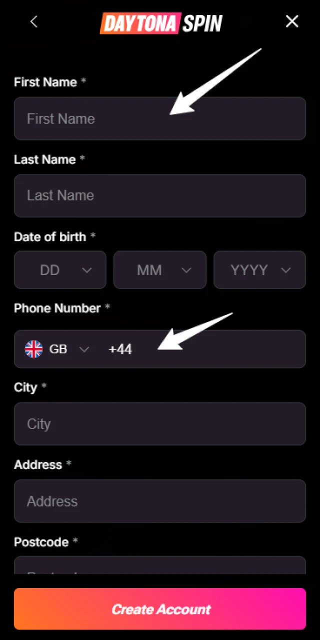 Enter your personal information to sign up for Daytona Spin App.