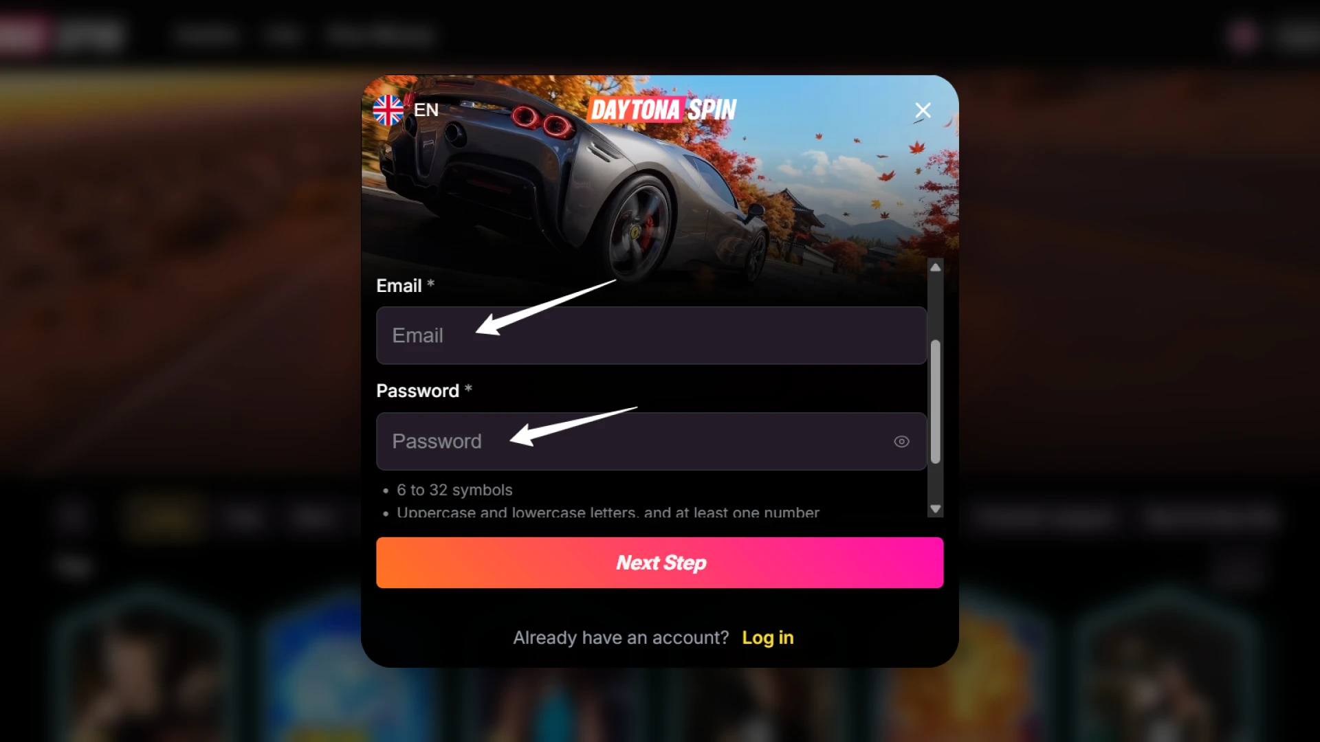 Create secure login credentials for your new Daytona Spin Login profile.