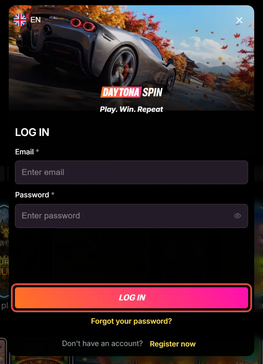 LOG IN button at the bottom of the Daytona Spin login window