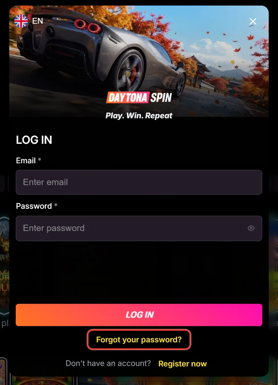 Forgot your password link under the Daytona Spin login form