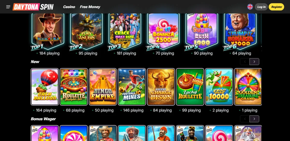 Slots section of the Daytona Spin game lobby